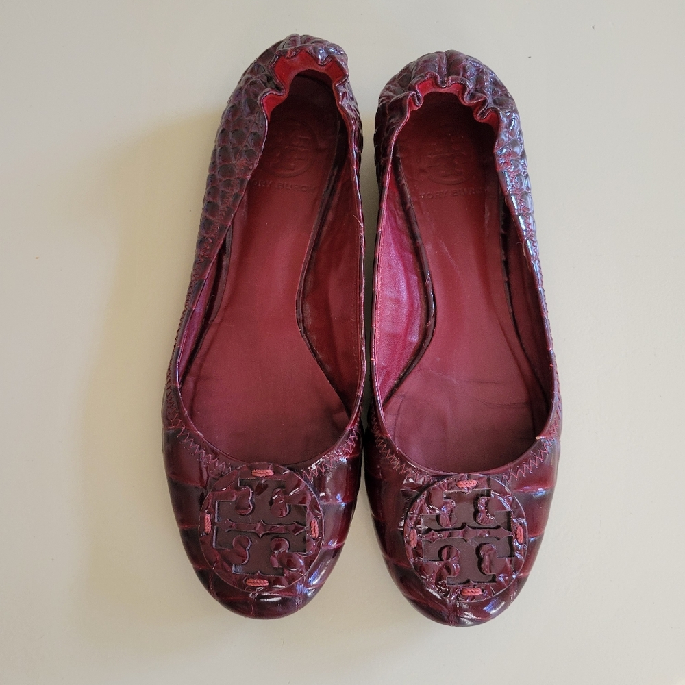 Tory Burch Burgundy Croc Textured Flats